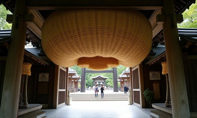 The massive shimenawa rope at the entrance to Izumo Taisha Grand Shrine.